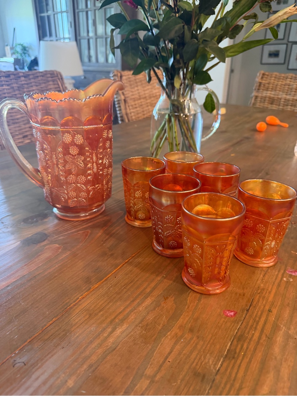 Antique Fenton Butterfly Pattern Amber Carnival Glass pitcher & 6 tumblers.